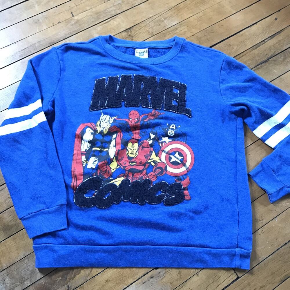 Marvel Comics Youth XL‎ Crewneck Pullover Sweatshirt Embroidered Script Blue